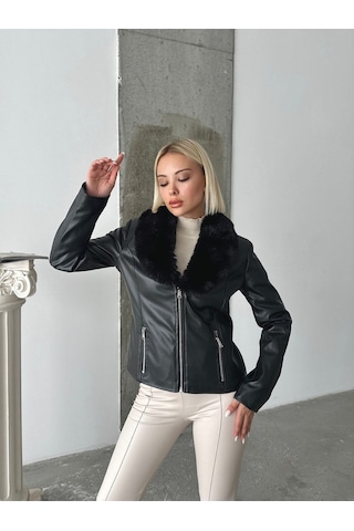 Kadın Deri Mont Siyah