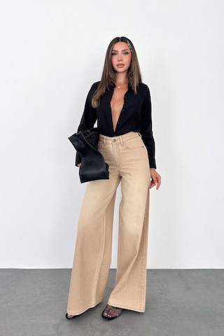 HLT Jeans Bej Kadın Wide Leg Jean %100 Pamuklu Yüksek Bel Palazzo Kot Pantolon Angel-2060