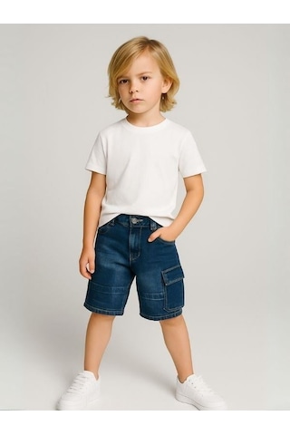 Çocuk Kargo Cepli Kot Şort-16005 Lacivert