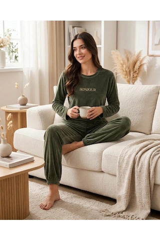 Kadın Haki Kadife Pijama Takımı