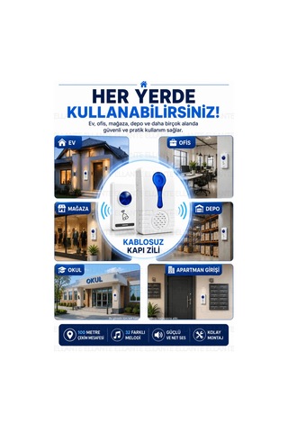 Kablosuz Kapı Zili 100 Metre Çekim Mesafeli 32 Melodili Priz Tipi Ev Ofis İşyeri Kapı Zili