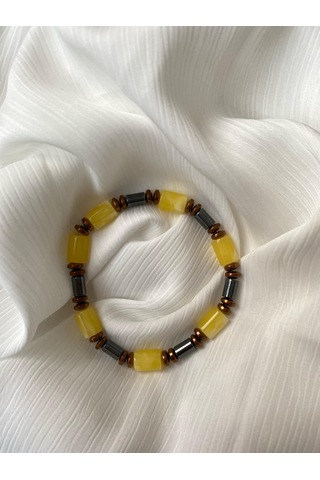 İlknur Doğal Taş Evi Kehribar Ve Hematit Bileklik Sarı - Siyah