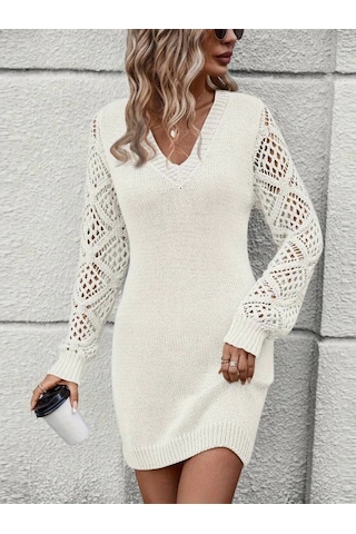 Kadın Uzun Kollu V Yakalı Mini Triko Elbise Beyaz