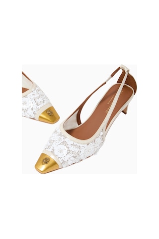 Kurt Geiger Regent 55 Low Open Court Mules, Parıltılı File Ve Antik Pirinç Topuklu Ayakkabı Beyaz