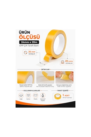 24 Mm X 20 M Opp Çift Taraflı Bant Güçlü Yapışkanlı Şeffaf Montaj Ve Hobi Bandı