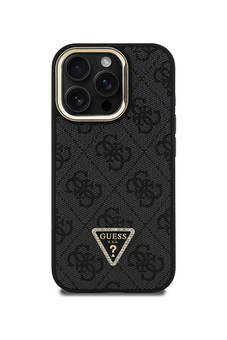 Apple Uyumlu iPhone 15 Pro Max Kılıf Guess Lisanslı Üçgen Logo 4g Desenli Kamera Standlı Kapak Siyah
