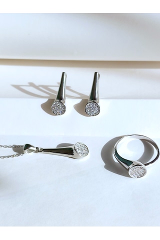 Gümüş Pave Sövalye Tasarım Kolye Küpe Yüzük Kadın Set