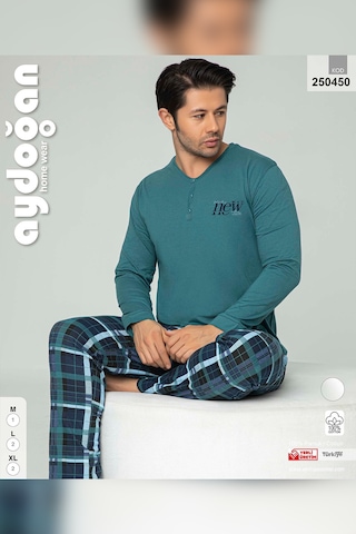 Aydoğan Erkek Tuna Koton Patlı Düğmeli Çam Yeşili Pijama Takımı 0450 Turkuaz