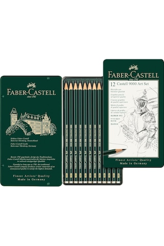 Faber-Castell 9000 Dereceli Kurşun Kalem Seti, 12’li (8B, 6B, 4B, 2B, B, HB, F, H, 2H, 3H, 4H, 5H), Naturel Siyah