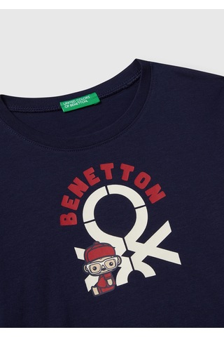 Erkek Çocuk Çok Renkli Logo Baskılı Bisiklet Yaka Uzun Kollu T-shirt Saks Mavi