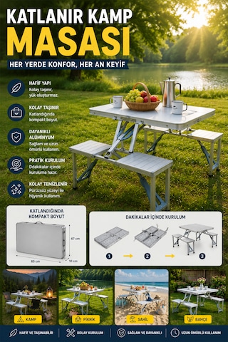 Robo 4 Kişilik Katlanır Kamp Masası Açık Gri