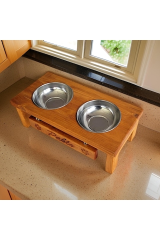 Woodesk Pati Doğal Ahşap Özel İsim İşlemeli Mama Ve Su Kabı