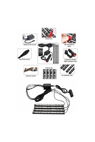Araç İçi Ayak Altı Rgb Led Ambiyans Seti Müzik Sensörlü Kumandalı 4 Lü Şerit 12v Çakmak Girişli
