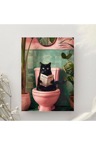 "tuvalette Gazete Okuyan Siyah Kedi Duvar Posteri Eğlenceli Dekoratif Tasarım-çerçevesiz