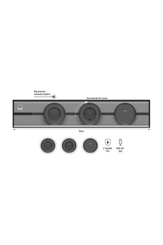 Eae E-flux Raylı Priz, 2 Şebeke, 1 Usb Type A+c 20w Gri Efg500