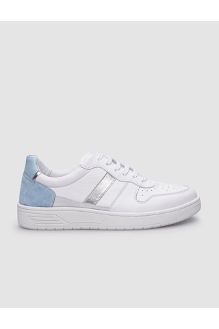 %100 Hakiki Deri Beyaz - Mavi Bağcıklı Kadın Sneaker-beyaz Beyaz
