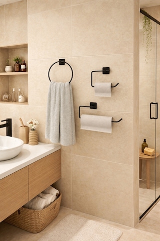 Alper Banyo Jasmin Kare Siyah Yapışkanlı 3'lü Set - Yuvarlak Havluluk Solo Havluluk Kağıtlık Siyah