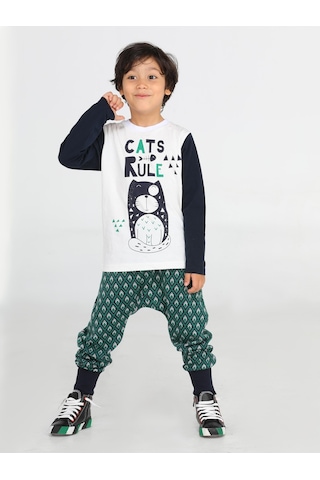 Casabony Cats Rule Erkek Çocuk Pantolon + T-Shirt Takım-Indigo - Beyaz İndigo - Beyaz