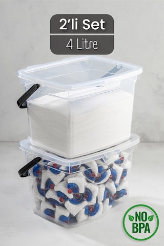 Vienev 2li 4 Litre Toz Tablet Deterjan Saklama Kabı - Deterjan Kutusu, Toz Tablet Deterjan Kabı Beyaz