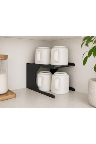 Mutfak Dolap İçi Kupa Organizer Rafı 2 Katlı Bardak Düzenleyici Stand 12x21x13 Cm Siyah