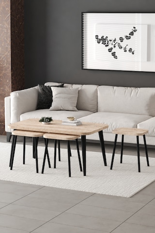 Roma Orta Sehpa Metal Ayaklı , 4+1 Orta Sehpa , 100 X 60 X 50 Cm Siyah Metal Traverten Tabla