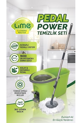 Şeylişeyler - Lime Pedal Power Pedallı Temizlik Seti - 360 Derece Döner Başlık Mikrofiber Mop