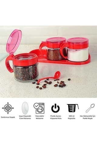 N&m Store Kırmızı 3lü Standlı Kapaklı Kaşıklı Cam Hava Sızdırmaz Baharatlık Takımı Kc-386 Çok Renkli