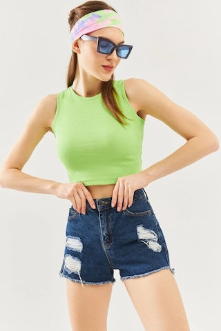 Butikgiz Kadın Sıfır Kol Bisiklet Yaka Vücuda Oturan %100 Pamuklu Kaşkorse Esnek Crop Bluz Fıstık Yeşili