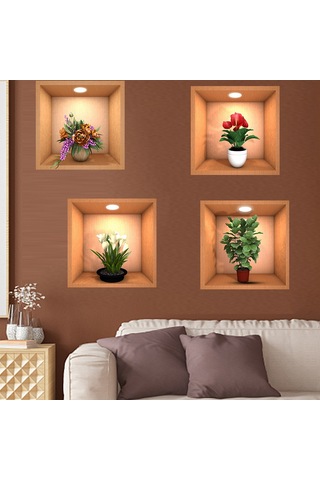 Geekyou 3d Yeşil Bitki Duvar Sticker, Vinyl, Su Geçirmez, Kolay Uygulama, 4 Adet, 30x30cm, Çeşitli Yüzeylere Uygulanabilir Çok Renkli