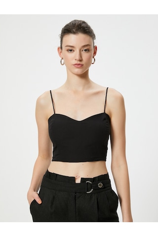 Koton Askılı Crop Üst Kalp Yaka Pamuklu Slim Fit Siyah 4sak30009ew Siyah
