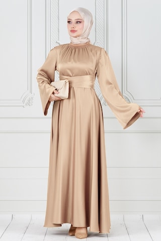 Çapraz Kuşaklı Saten Abiye Elbise-bej-3856