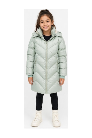 İrem Çocuk Giyim Kız Çocuk Mint Yeşili Kapüşonlu V Desenli Peluş Astarlı Fermuar Cepli Kapitone Midi Boy Şişme Mont Mint Yeşili