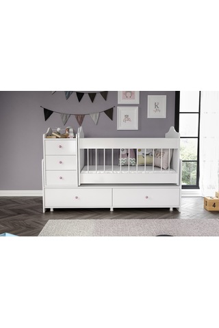 Angel Beşik Büyüyebilen Pembe Kulplu Komidinli Beyaz