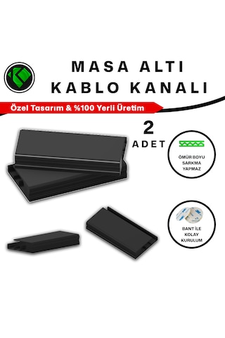 2 Adet Masa Altı Kablo Kanalı - Güçlü 3m Bantlı Yatay Kablo Düzenleyici Ve Gizleme Kanalı 15 Cm - Siyah