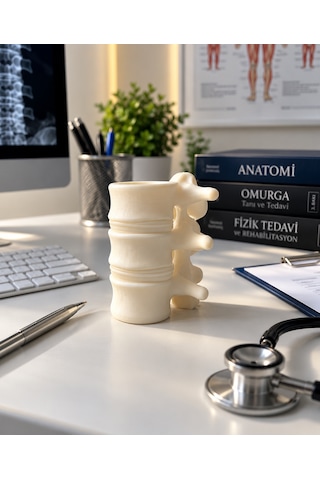 Omurga Figürlü Kalemlik Doktor Fizyoterapist Masaüstü Dekoratif Organizer Anatomik Tasarım Beyaz