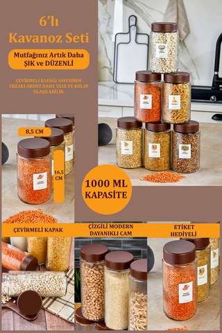 6'lı Çizgili Kalın Cam Kavanoz Erzak Bakliyat Saklama Kavanozu Seti 1000 Ml Cam - Şeffaf