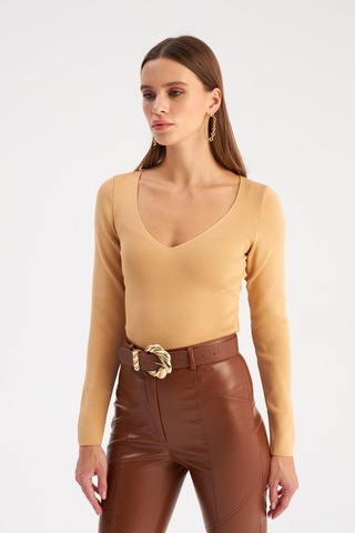 Sateen V Yaka Triko Crop - Bisküvi-129491