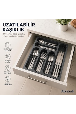 Uzayabilen Ayarlanabilir Pratik Çekmece İçi Kaşıklık-çatal Kaşık Bıçak Düzenleyici Siyah