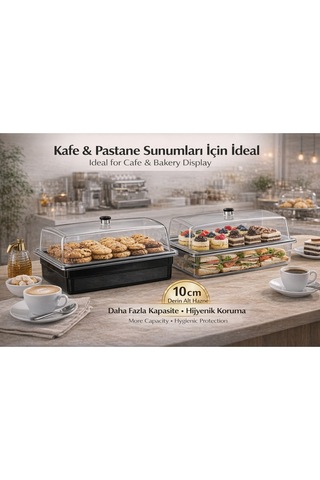 Polikarbon Gn 1/1 Fanus Kapaklı Derin Servis Küveti 32.5x53 Cm 10 Cm Alt Hazne Şeffaf