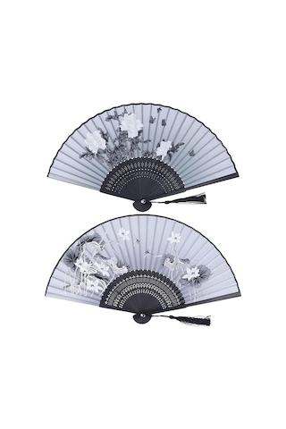 Beluga Yelpaze Bambu Serinletici Vintage Siyah Şık Püsküllü Japon Yelpaze 0334-0433 2 Adet