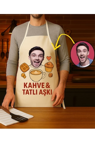 Kişiye Özel Karikatür Fotoğraflı Mutfak Önlüğü Kahve Tatlı Aşkı Krem