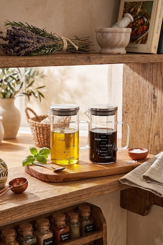 Borosilikat 2'li Cam Yağlık Ve Sirkelik Seti 350 Ml - Ölçü Çizgili - Çelik Kapak Şeffaf