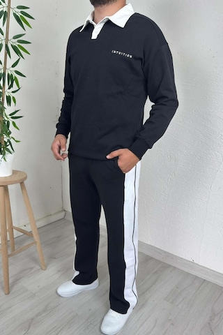 Explode - Erkek Siyah Polo Yaka Baggy Çizgili Günlük Takım Siyah