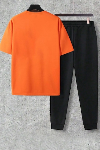 Uyguntarz Unisex Beyaz Fs Baskılı Siyah Kargo Eşofman Takımı Turuncu