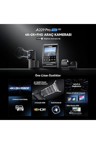 Viofo A229 Pro Tele 3 Kanallı Ön+telefoto+arka 4k+2k+1080p Hdr Sony Starvıs 2 Sensör Gps'li Araç Kamerası