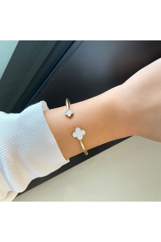 Sedef Taşlı Yonca Kararmaz Çelik Gold Bileklik