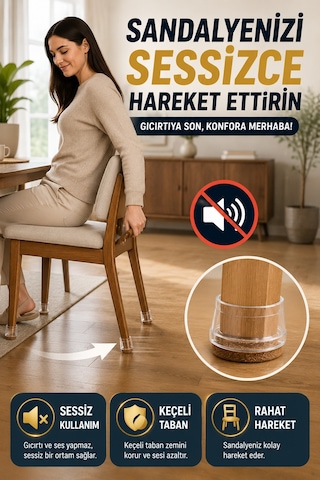 8 Li Keçeli Şeffaf Silikon Sandalye Ayak Koruyucu Sessiz Zemin Çizmez L Beden 30mm