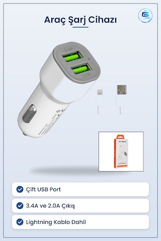 Araç Şarj Cihazı Çift Usb 3.4a 2.0a Hızlı Başlık Lightning Kablo