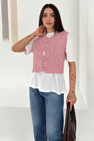 Noa & Noa Kadın Ponponlu Bağlamalı Triko Süveter Dokulu & Romantik Stil Pembe