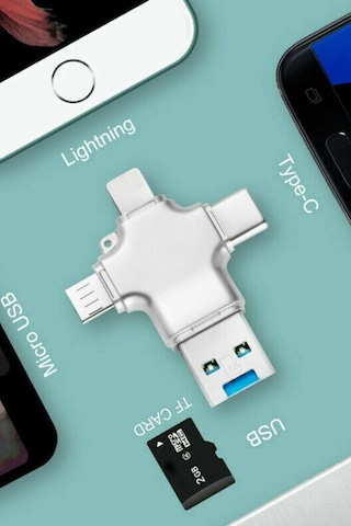Thentech Metal Kasa 4in1 Type C Lightning Micro Usb Kart Okuyucu Dönüştürücü Yüksek Hızlı Dosya Aktarım